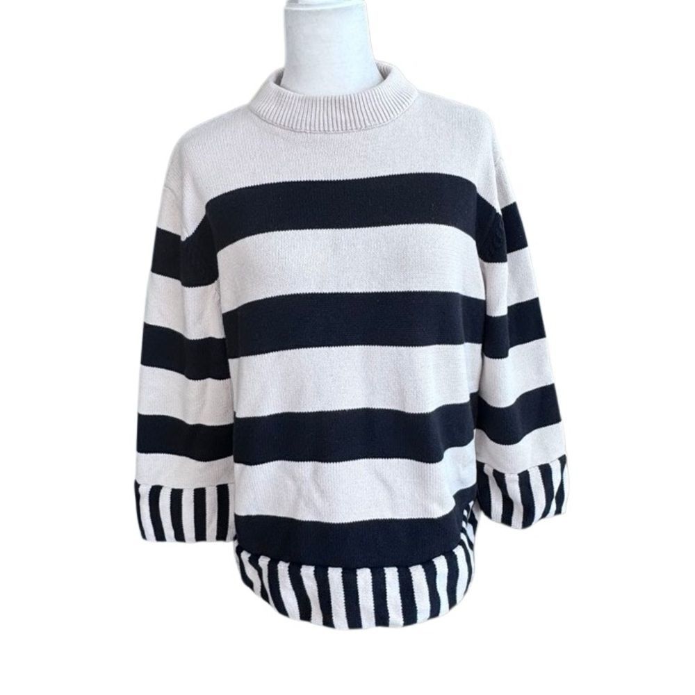 Vero Moda Knit Sweater 100% Cotton Cream Black Oversized Striped SZ M